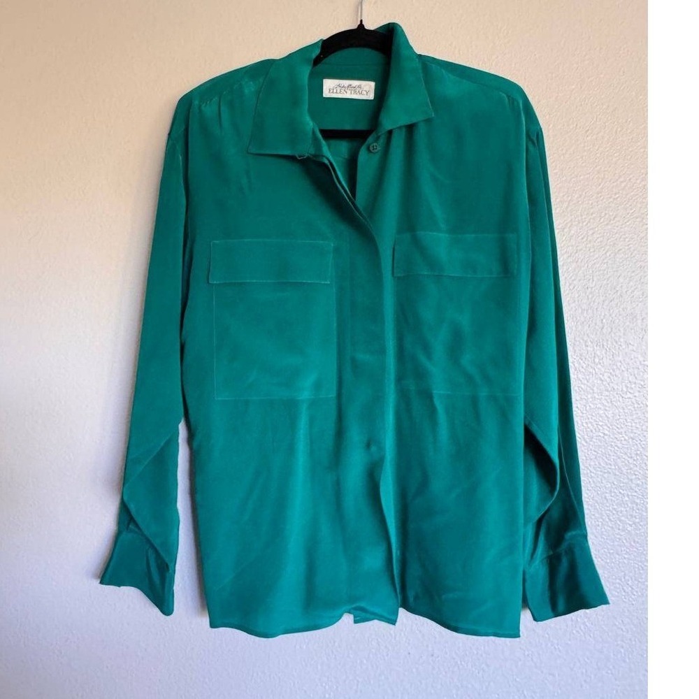 Vintage Ellen Tracy 100% Silk Blouse 6 Emerald Green Preppy Y2K Quiet Luxury